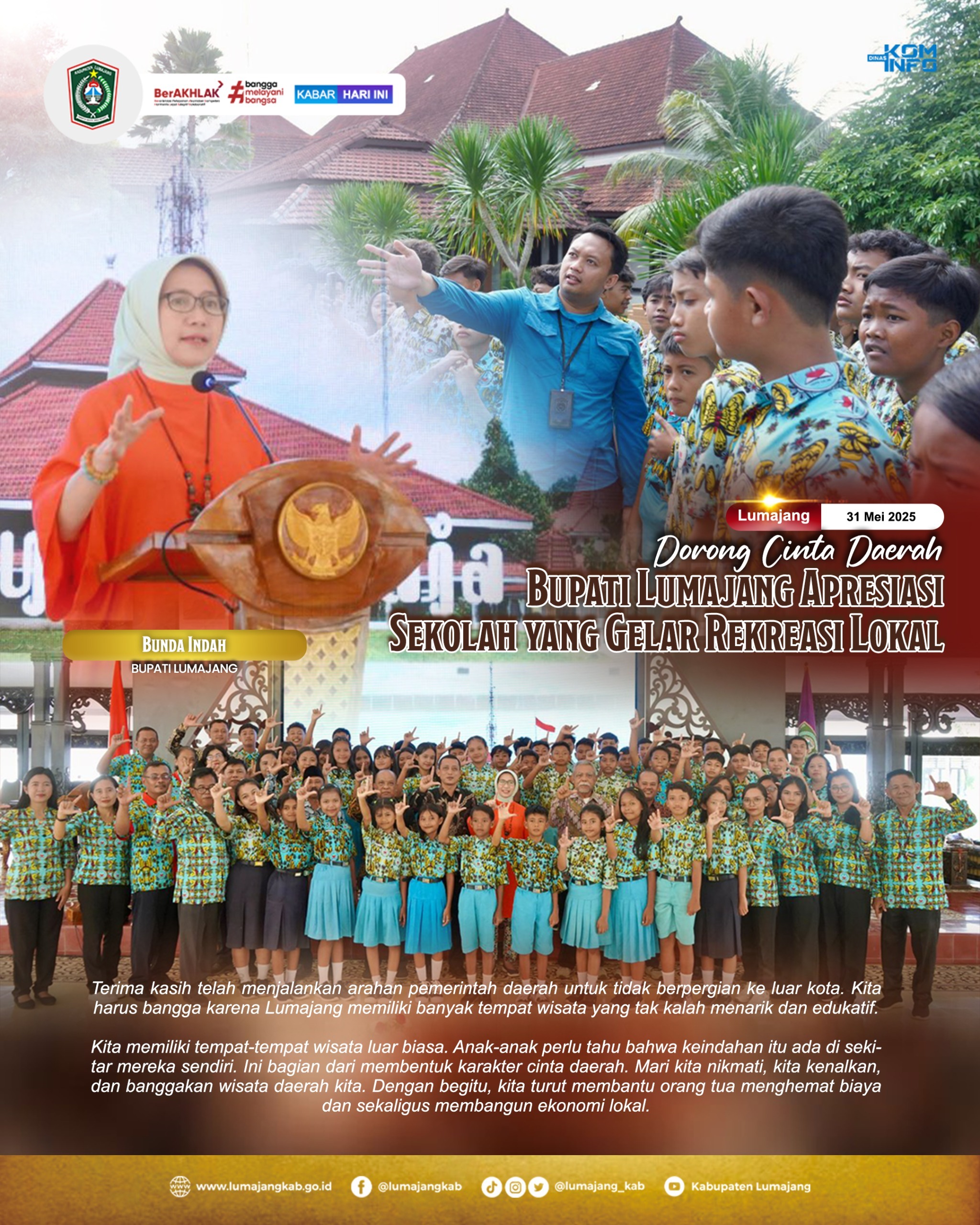 Bunda Indah, Bupati Lumajang, memberikan apresiasi untuk SD & SMP Kristen YBPK Tempursari yang memilih rekreasi edukatif lokal ke Pendopo Arya Wiraraja dan KWT.