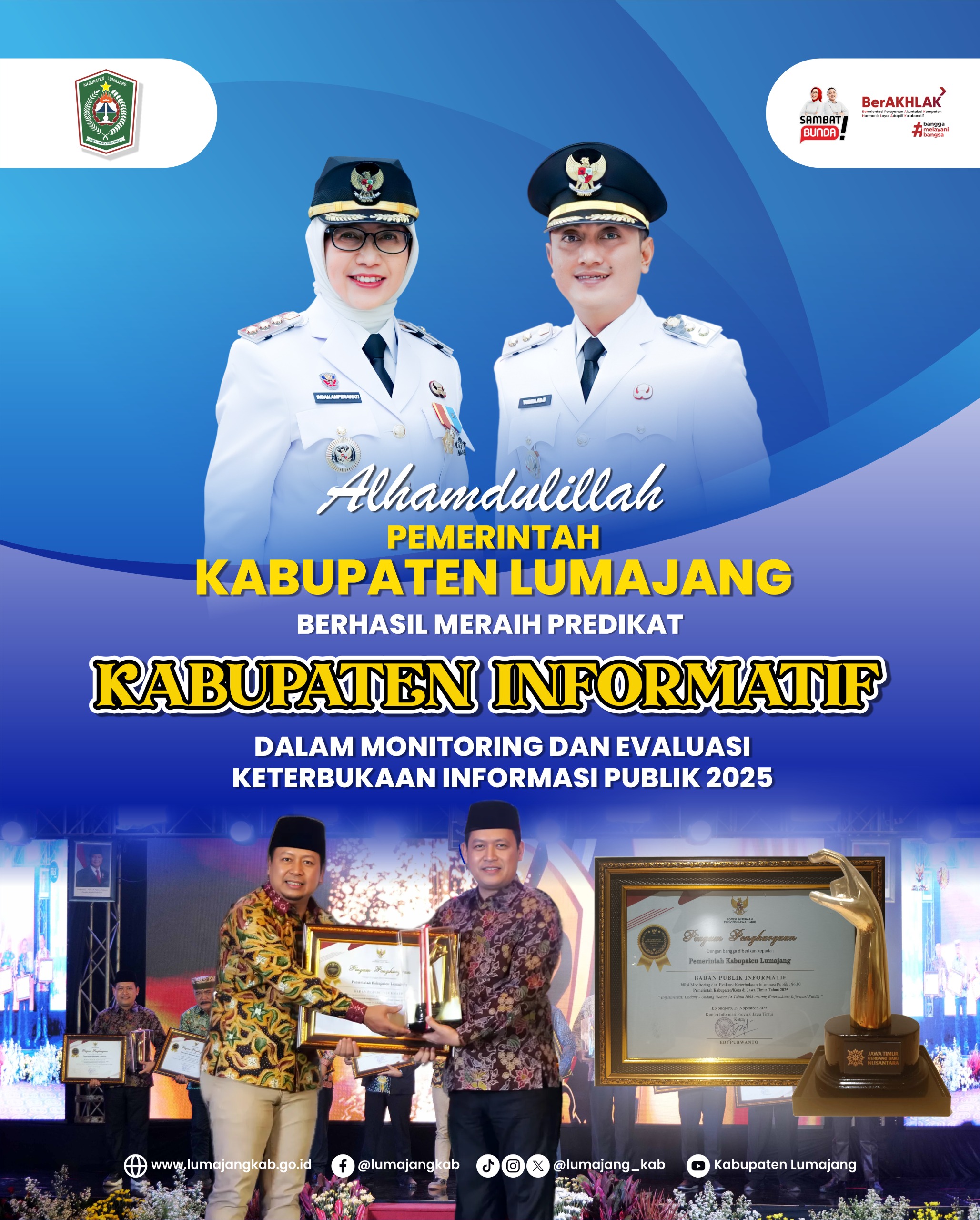 Pemerintah Kabupaten Lumajang kembali meraih predikat Kabupaten Informatif pada Monitoring dan Evaluasi Keterbukaan Informasi Publik Tahun 2025.