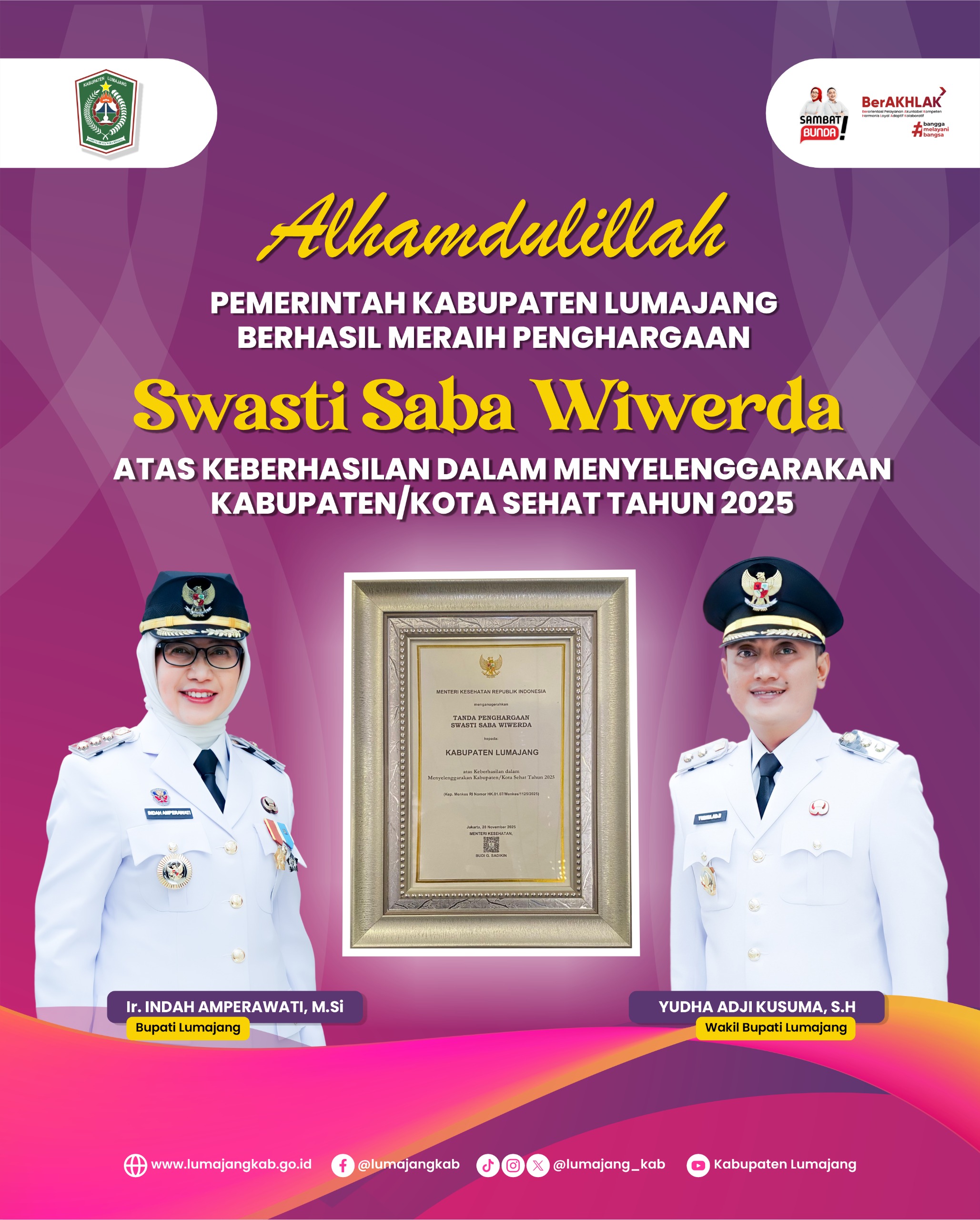 Pemerintah Kabupaten Lumajang kembali meraih penghargaan Swasti Saba Wiwerda Tahun 2025.